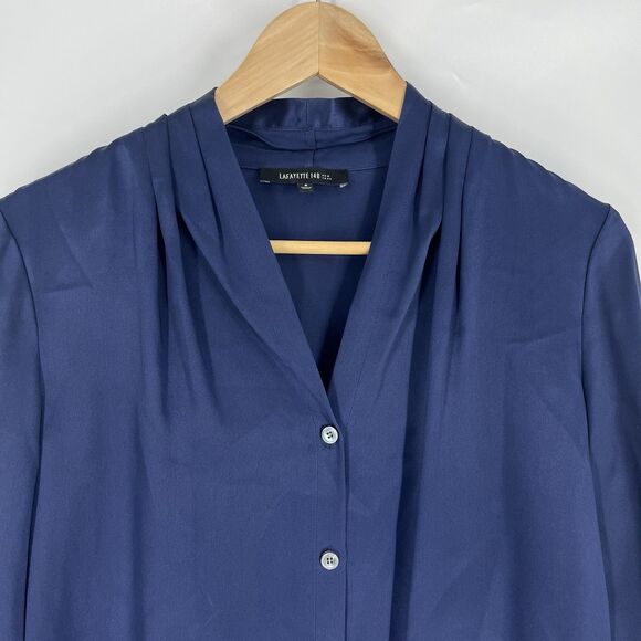 Lafayette 148 New York Top Size 6 Blue Silk Satin Blouse Button Up Career Pleat - Picture 2 of 7